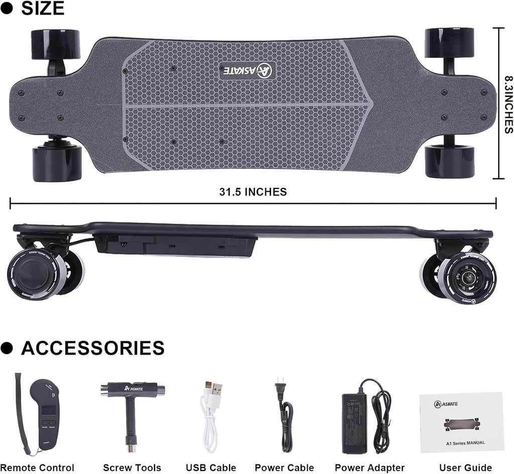 A1 Electric Skateboard with Remote, Rang Up to 17 Miles/24, 8 Ply Canadian Maple, Smooth Breaking, Suitable for Younger Beginners