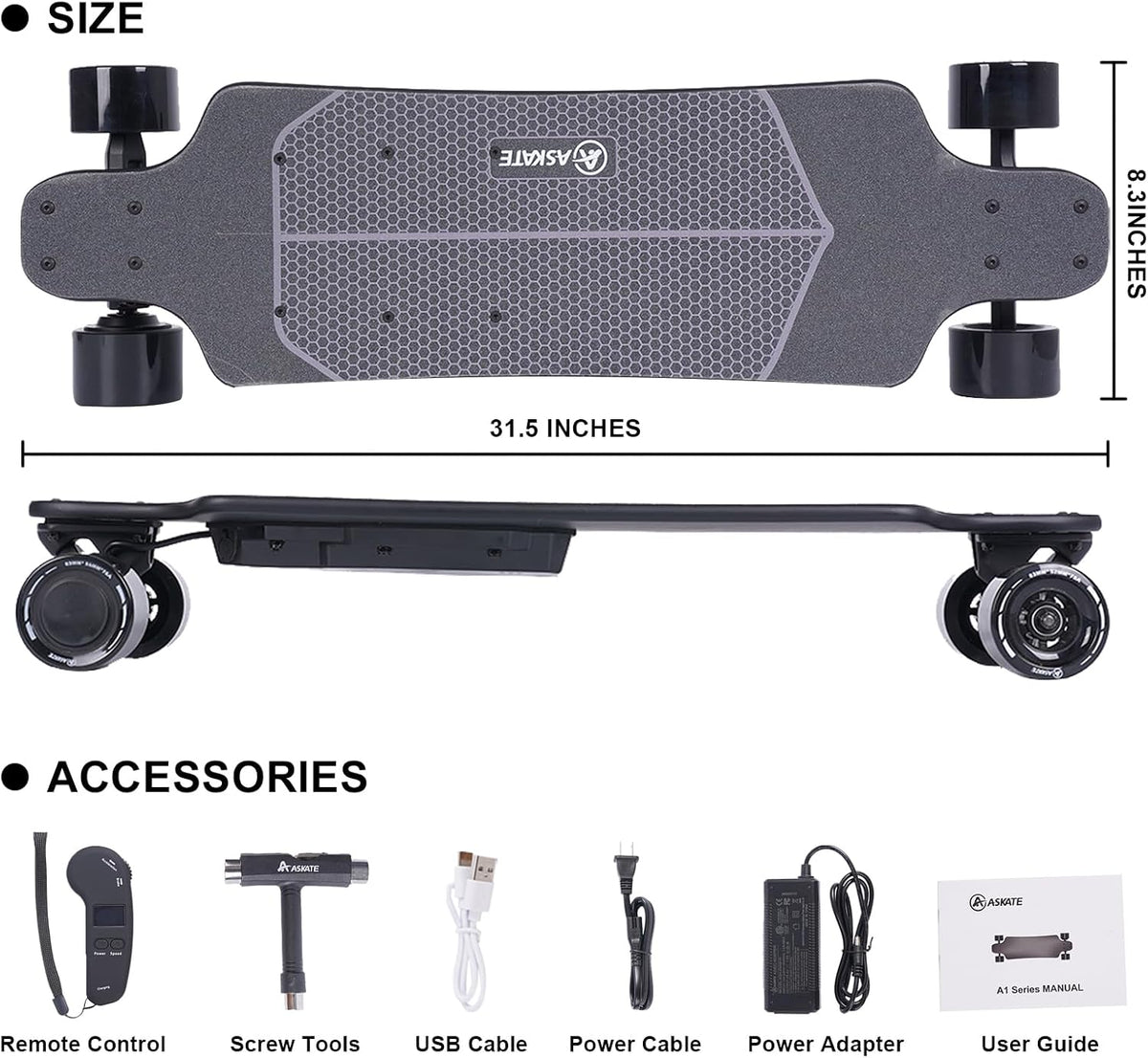 A1 Electric Skateboard with Remote, Rang Up to 17 Miles/24, 8 Ply Canadian Maple, Smooth Breaking, Suitable for Younger Beginners
