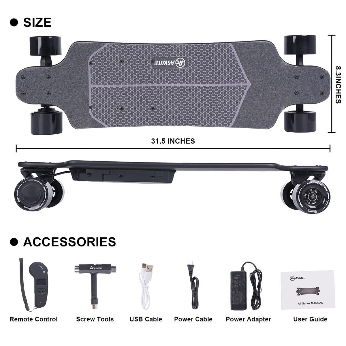A1 Electric Skateboard with Remote, Rang Up to 17 Miles/24, 8 Ply Canadian Maple, Smooth Breaking, Suitable for Younger Beginners
