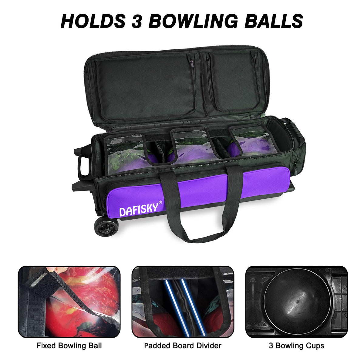 DAFISKY 3 Ball Bowling Bags, Roller Bowling Bag with Retractable Handle