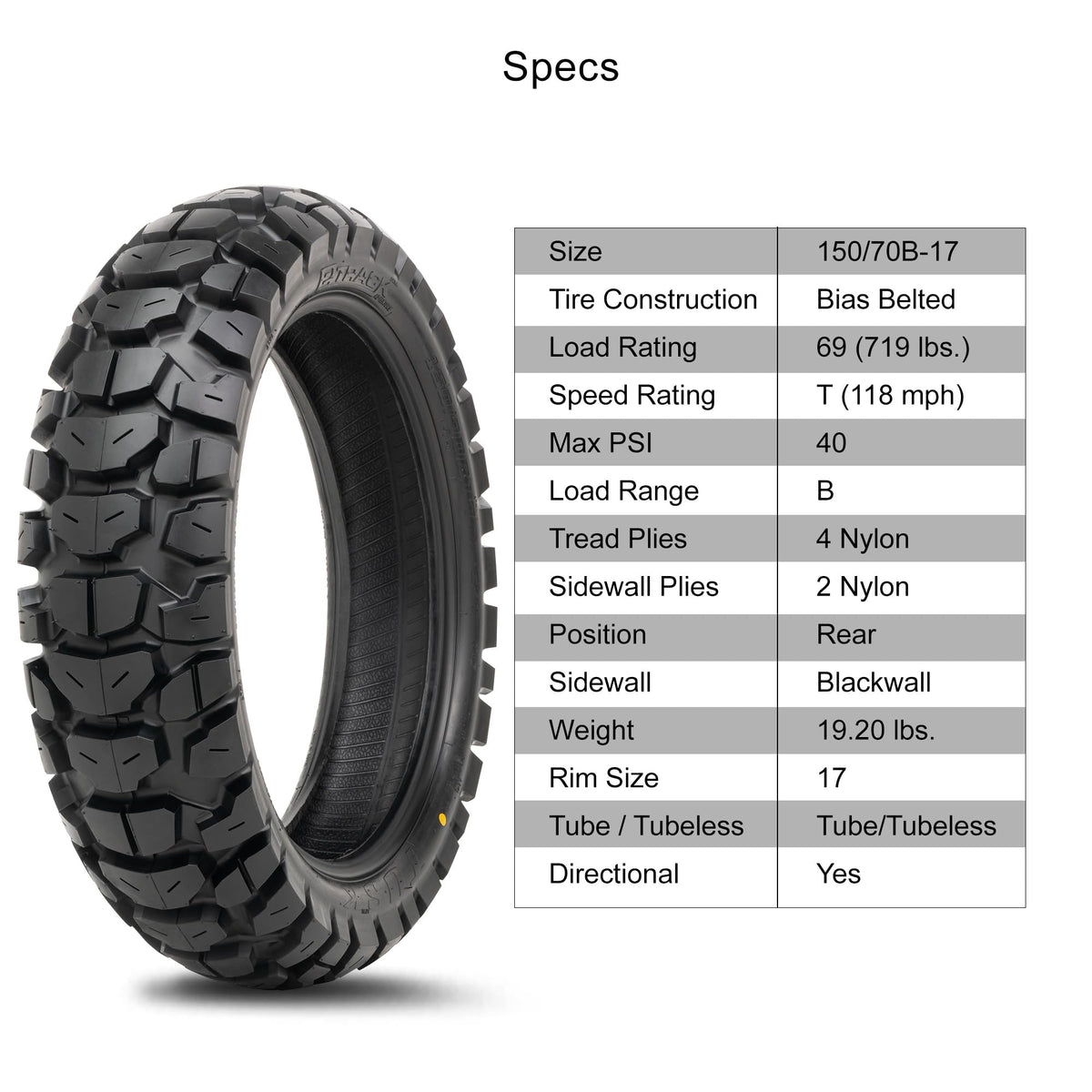 Tusk 2Track Adventure Tire Rear 150/70B-18 (70T) â Dual-Sport Motorcycle Tire, Directional Knobby Tread, Durable Bias Construction, DOT Compliant