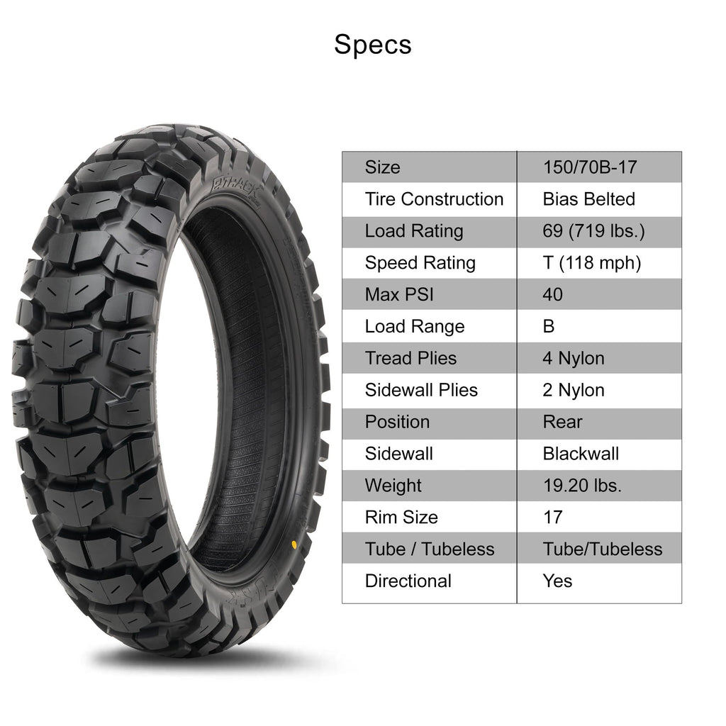 Tusk 2Track Adventure Tire Rear 150/70B-18 (70T) â Dual-Sport Motorcycle Tire, Directional Knobby Tread, Durable Bias Construction, DOT Compliant