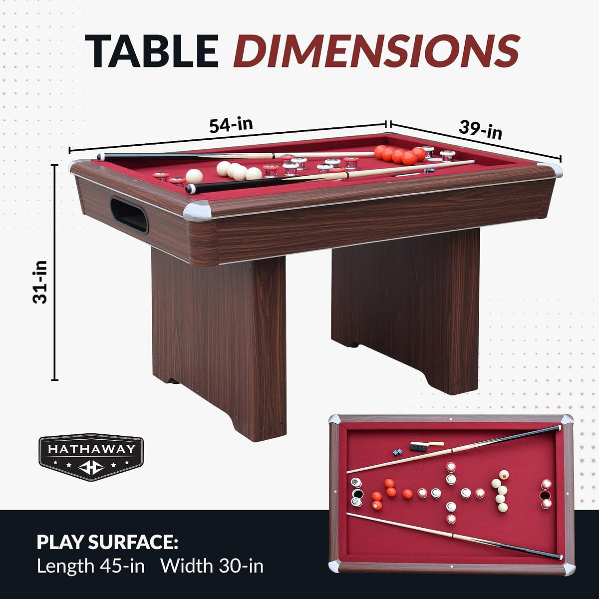 Hathaway Renegade II 54-in Bumper Pool Table for Game Room â 3 in 1 Game Table with Reversible Top & Ball Return System â Includes Cues, Balls, Chalk, Brush & Cards â Red Felt with Walnut Finish