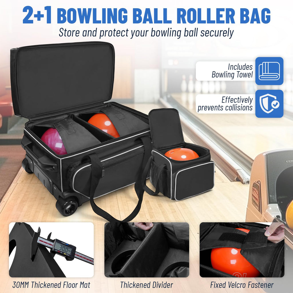 3 Ball Bowling Bag with Wheels,Bowling Bag 2 Ball Roller +1 Ball Tote,Large Sturdy Wheels,Dry & Wet Separation Shoe Compartment,1680D Waterproof Oxford,Retractable Handle,Includes Bowling Ball Towel