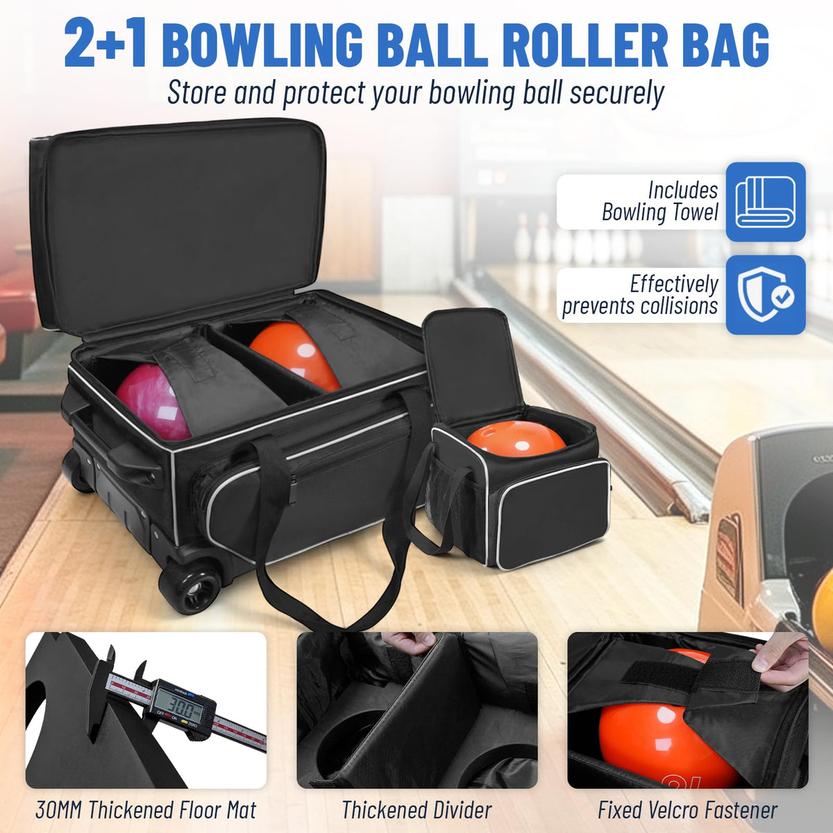 3 Ball Bowling Bag with Wheels,Bowling Bag 2 Ball Roller +1 Ball Tote,Large Sturdy Wheels,Dry & Wet Separation Shoe Compartment,1680D Waterproof Oxford,Retractable Handle,Includes Bowling Ball Towel
