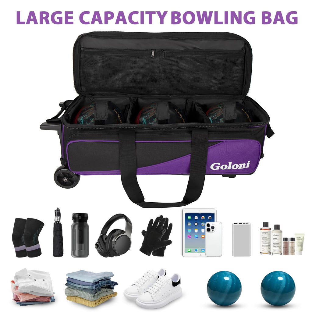Goloni 3 Ball Bowling Bag with Wheels, Rolling Bowling Roller Bag with Retractable Handle for Balls & Bowling Accessories