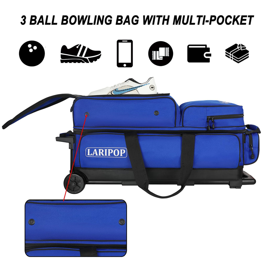 LARIPOP 3 Ball Bowling Bag with Wheels and Shoe Compartment, Rolling Bowling Bag for 3 Balls, Heavy Duty Bowling Roller Bag with Retractable Handle for Men Women