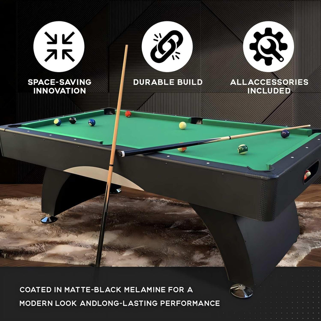 7FT Pool Table with Automatic Ball Return, Modern Arched-Leg Billiards Table with Durable Matte-Black Finish and Complete Accessories for Family Game Room & Recreation Space