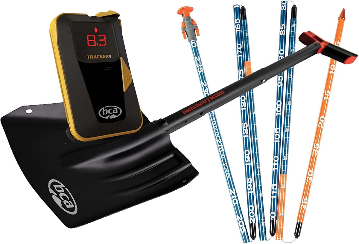 BCA Backcountry Access T4 Turbo Avalanche Beacon Kit Rescue Package - Includes the Tracker 4 Transceiver, 300 Centimeter Avalanche Probe, and Shovel with Saw.