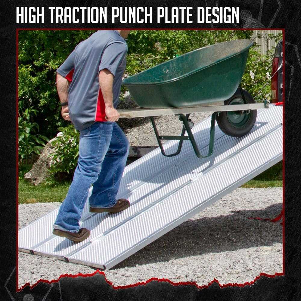 Black Widow Extra Wide Punch Plate Aluminum Folding ATV Ramp, 1,500 Pound Capacity, 7' 10", Silver - Heavy Duty Truck Loading Ramp Accessories