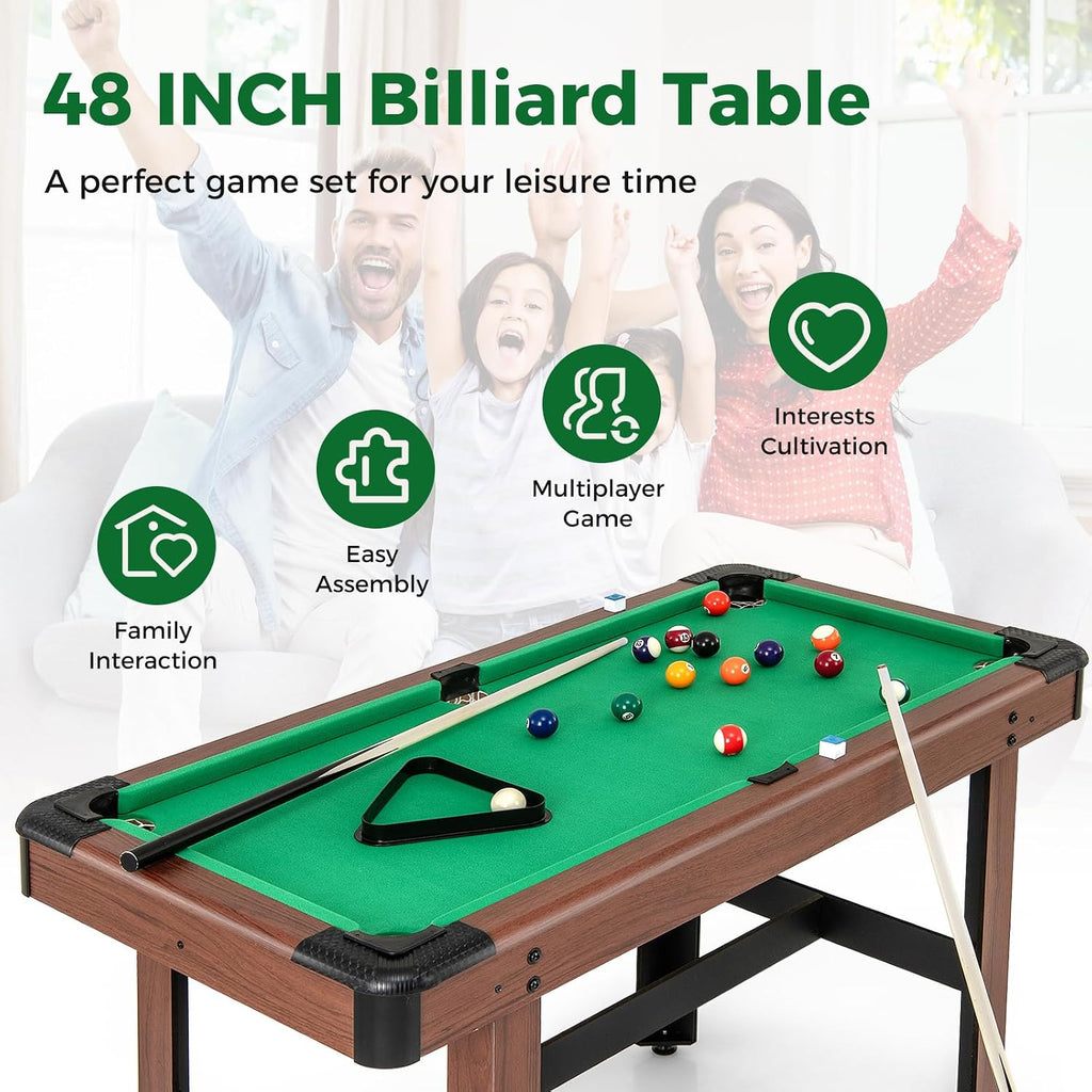 GYMAX Pool Table, 48 Inch Wooden Billiard Tables with 16 Balls, 2 Cue Sticks, 2 Chalks and Brush, Snooker Table Mini Pool Table for Kids, Family, Party