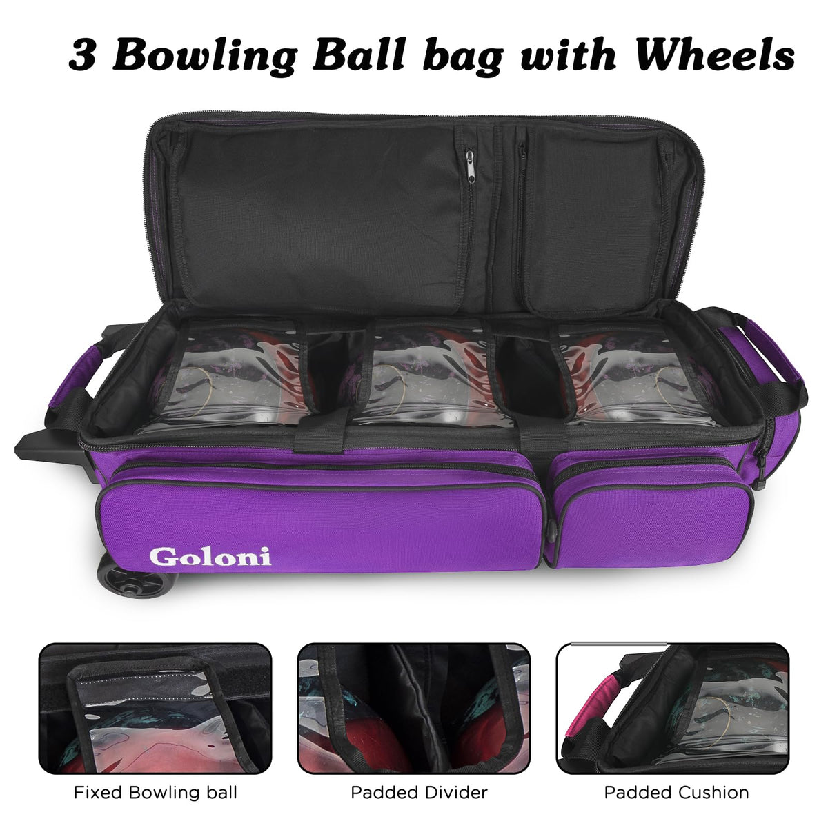 Goloni 3 Ball Bowling Bags with Wheels,Rolling Bowling Ball Bag for 3 Bowling Balls & Bowling Accessories -Retractable Handle Extends to 38"