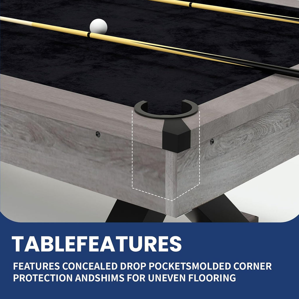 84" Pool Table with Rustic Grey Finish, X-Shaped Legs, Black Cloth, Billiard Balls, Cues, & AccessoriesâBilliard Table for Adults, Game Room & Home Entertainment (Grey)