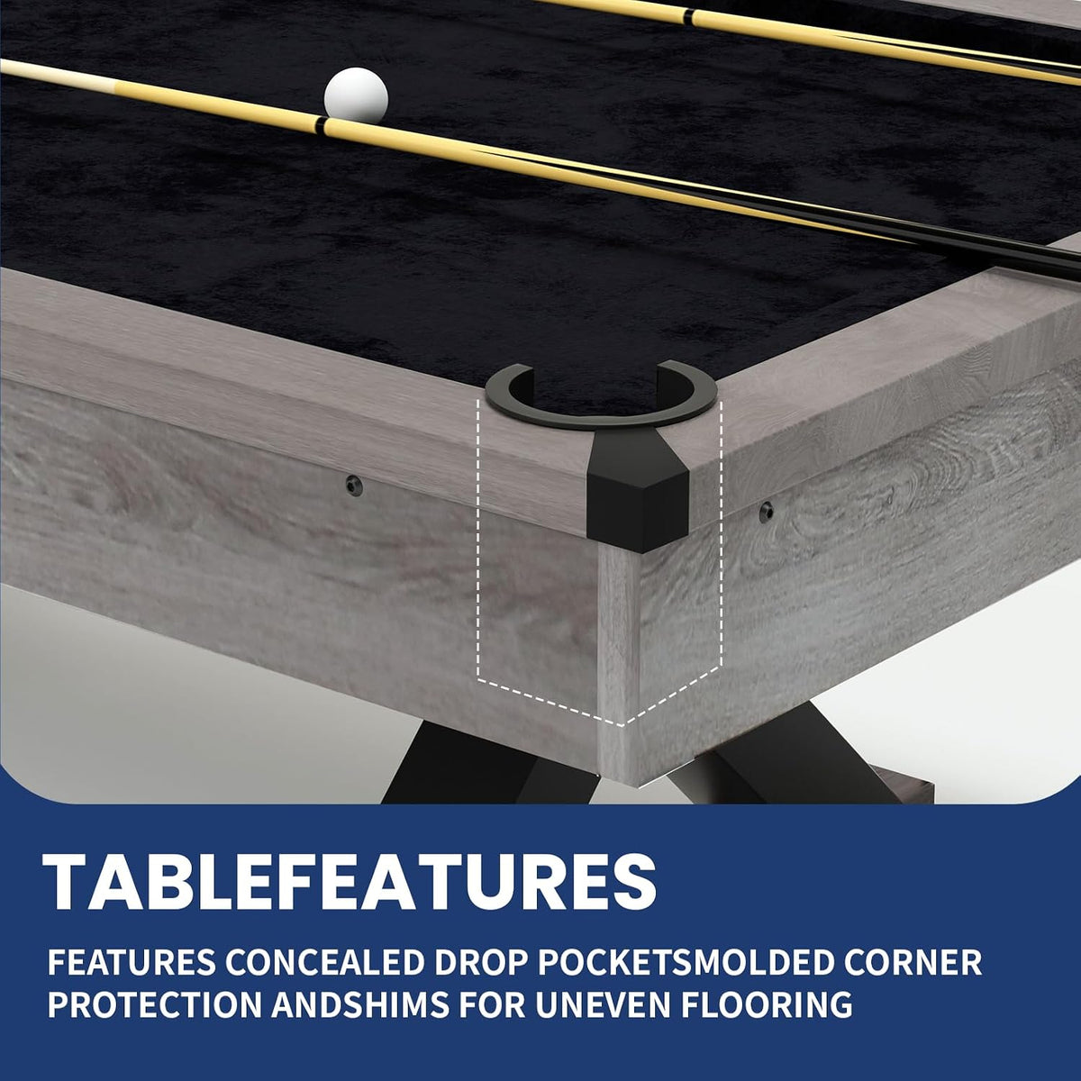 84" Pool Table with Rustic Grey Finish, X-Shaped Legs, Black Cloth, Billiard Balls, Cues, & AccessoriesâBilliard Table for Adults, Game Room & Home Entertainment (Grey)