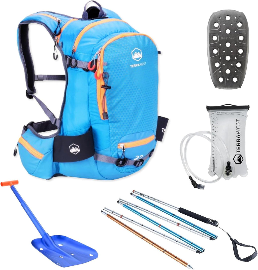 Core Avalanche Kit,Ski Backpack including Recco & Removable Back Protector, Hydration Bladder, Avalanche Shovel, Avalanche Probe, Backcountry Skiing, Snowboarding, Snowmobiling (Blue)