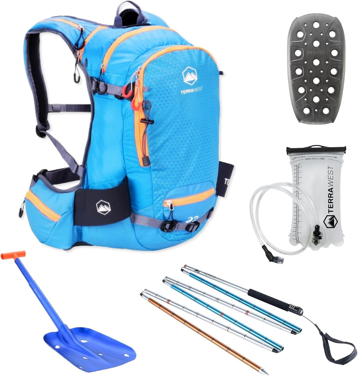 Core Avalanche Kit,Ski Backpack including Recco & Removable Back Protector, Hydration Bladder, Avalanche Shovel, Avalanche Probe, Backcountry Skiing, Snowboarding, Snowmobiling (Blue)