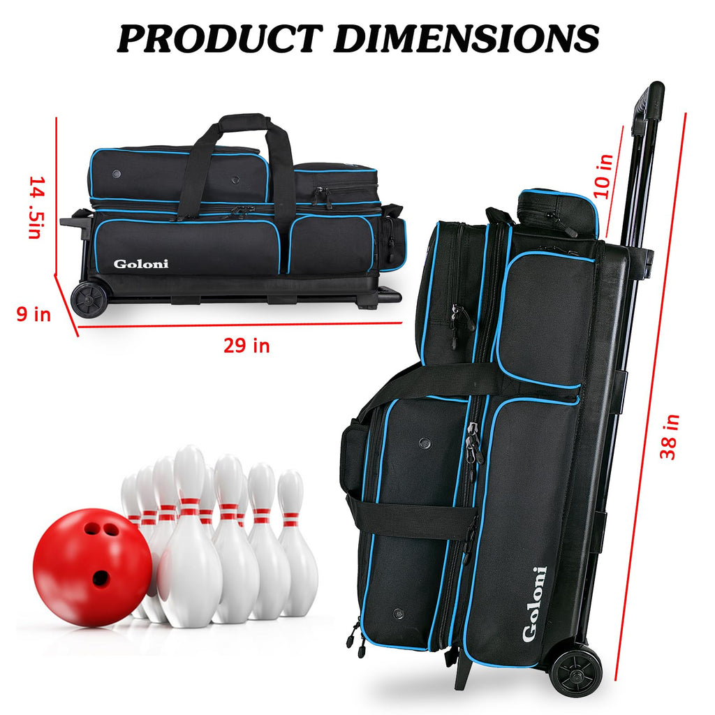 Goloni 3 Ball Bowling Bags with Wheels,Rolling Bowling Ball Bag for 3 Bowling Balls & Bowling Accessories -Retractable Handle Extends to 38"