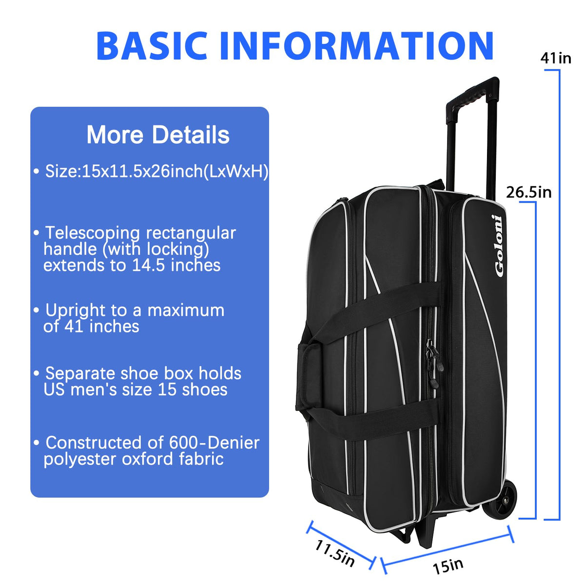 Goloni 3 Ball Bowling Bag with Wheels, Rolling Bowling Roller Bag with Retractable Handle for Balls & Bowling Accessories