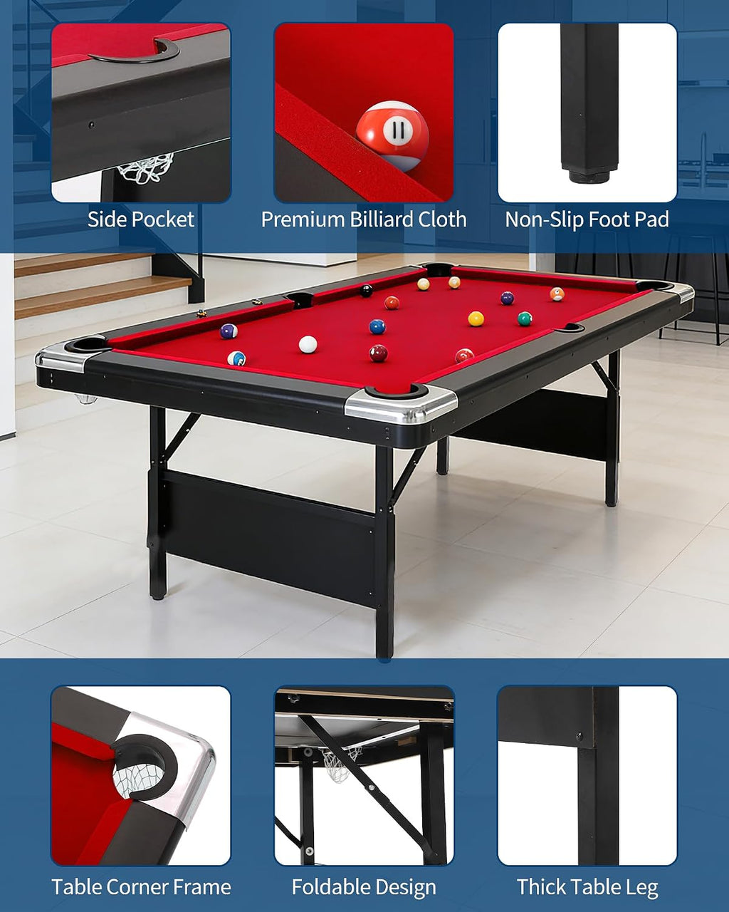 6,7 Foot Foldable Pool Table, Portable Billiards Table for Adults with Full Accessories Set, Mesa De Billar Includes 16 Balls, 2 Cue Sticks, Chalk, Rack & Brush, Game Room Table for Home