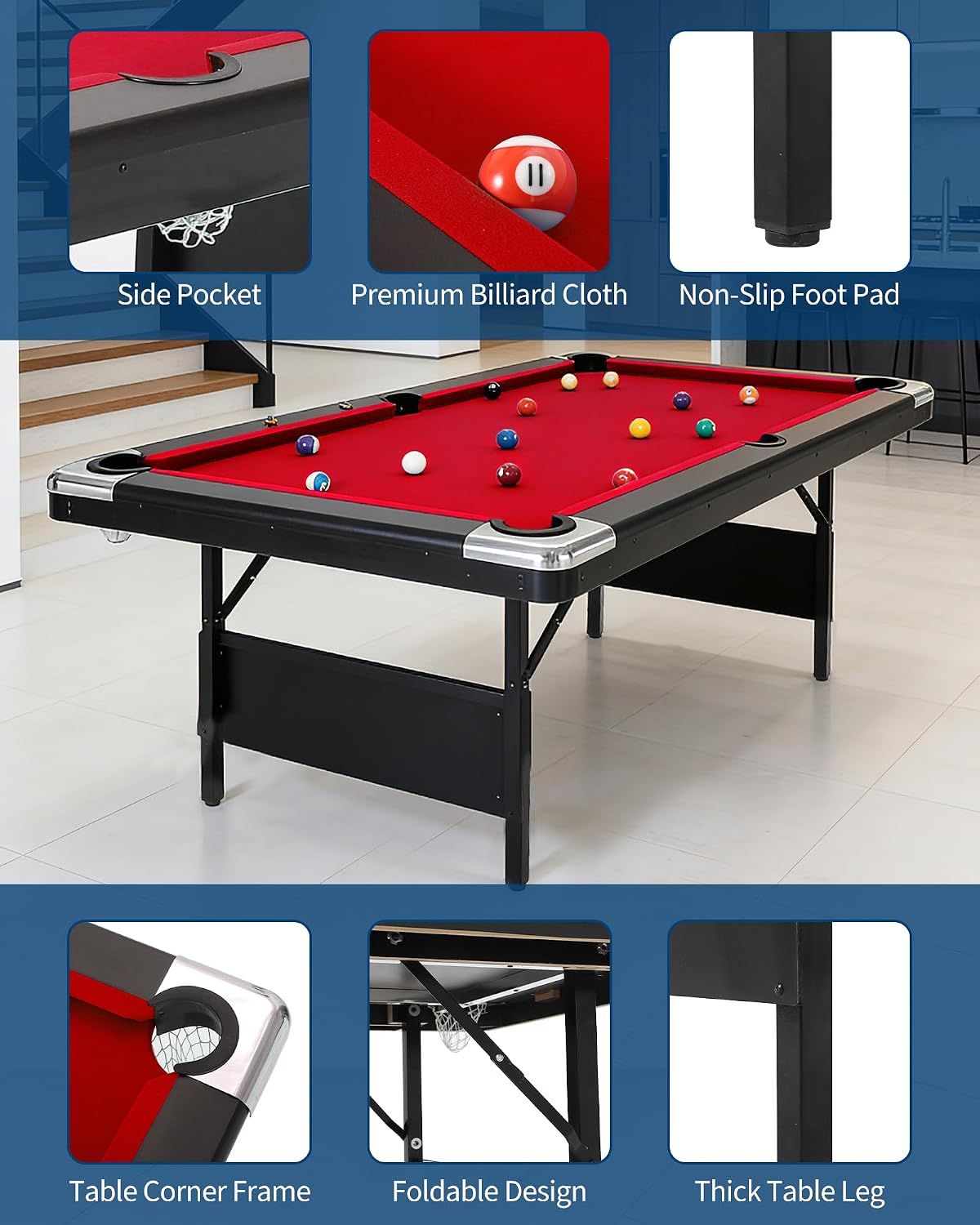 6,7 Foot Foldable Pool Table, Portable Billiards Table for Adults with Full Accessories Set, Mesa De Billar Includes 16 Balls, 2 Cue Sticks, Chalk, Rack & Brush, Game Room Table for Home