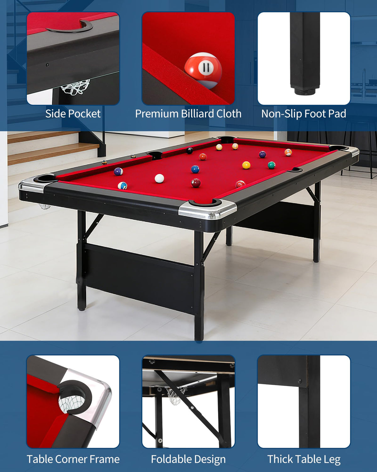 6,7 Foot Foldable Pool Table, Portable Billiards Table for Adults with Full Accessories Set, Mesa De Billar Includes 16 Balls, 2 Cue Sticks, Chalk, Rack & Brush, Game Room Table for Home