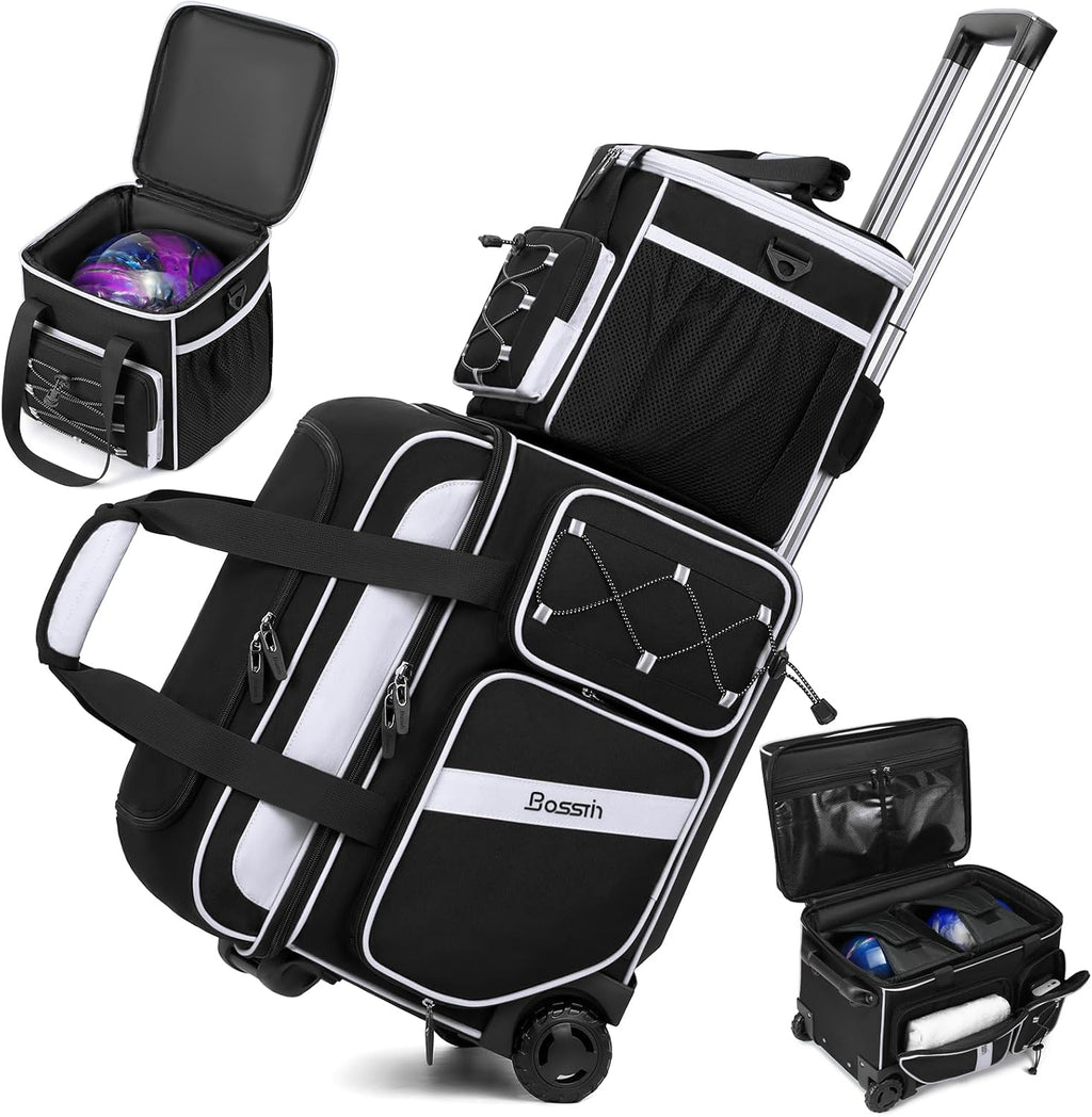 BOSSTIN 3 Ball Bowling Bag with Wheels, 2 Ball Roller with Add-on Tote