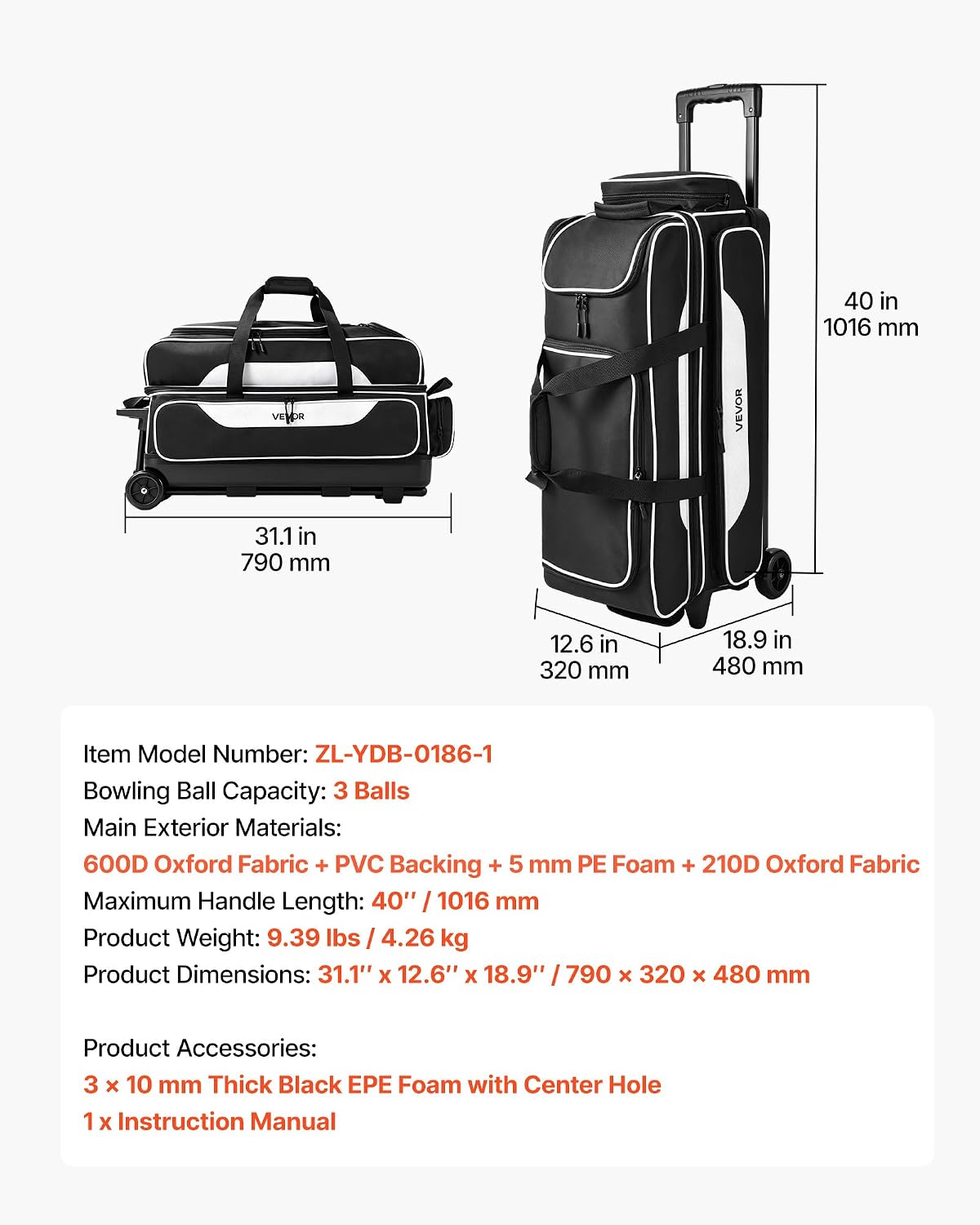 VEVOR 3 Ball Bowling Bag Double Roller Bag with Separate Shoe Compartment