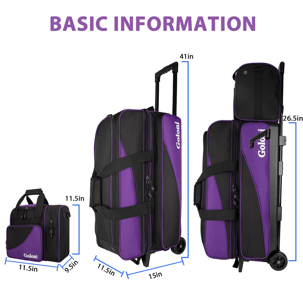 Goloni 3 Ball Bowling Bag with Wheels, Rolling Bowling Roller Bag with Retractable Handle for Balls & Bowling Accessories