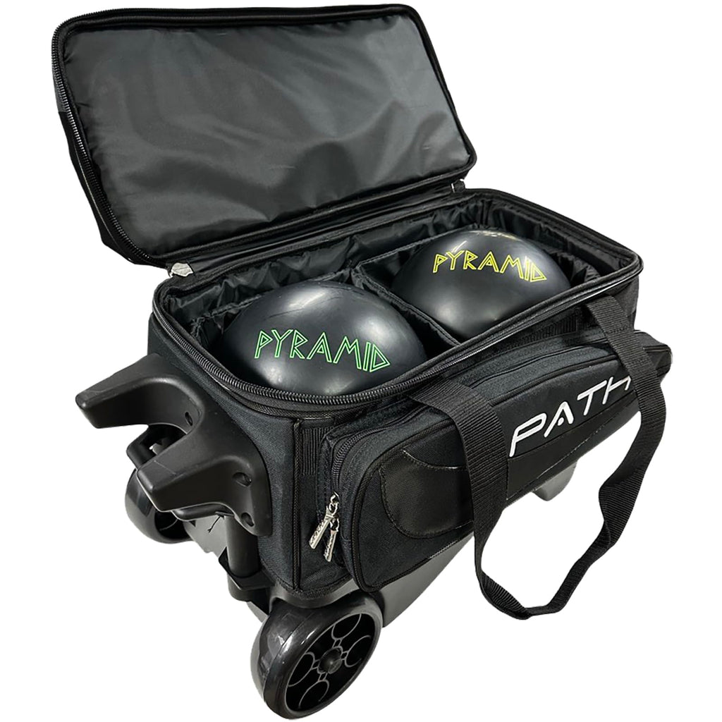 Pyramid Path Premium Deluxe 2 Ball Double Roller Bowling Bag With Large Separate Shoe Compartment (Up To US Mens Size 15) and Oversized Accessory Pocket, Retractable Locking Handle - Extends to 37"