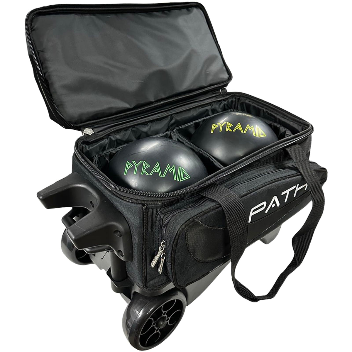 Pyramid Path Premium Deluxe 2 Ball Double Roller Bowling Bag With Large Separate Shoe Compartment (Up To US Mens Size 15) and Oversized Accessory Pocket, Retractable Locking Handle - Extends to 37"