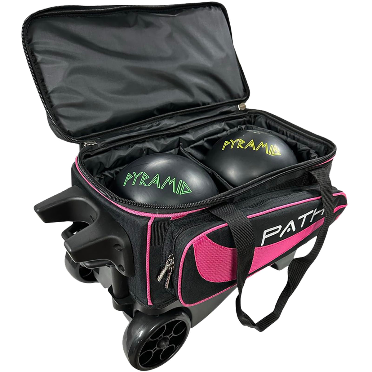 Pyramid Path Premium Deluxe 2 Ball Double Roller Bowling Bag With Large Separate Shoe Compartment (Up To US Mens Size 15) and Oversized Accessory Pocket, Retractable Locking Handle - Extends to 37"