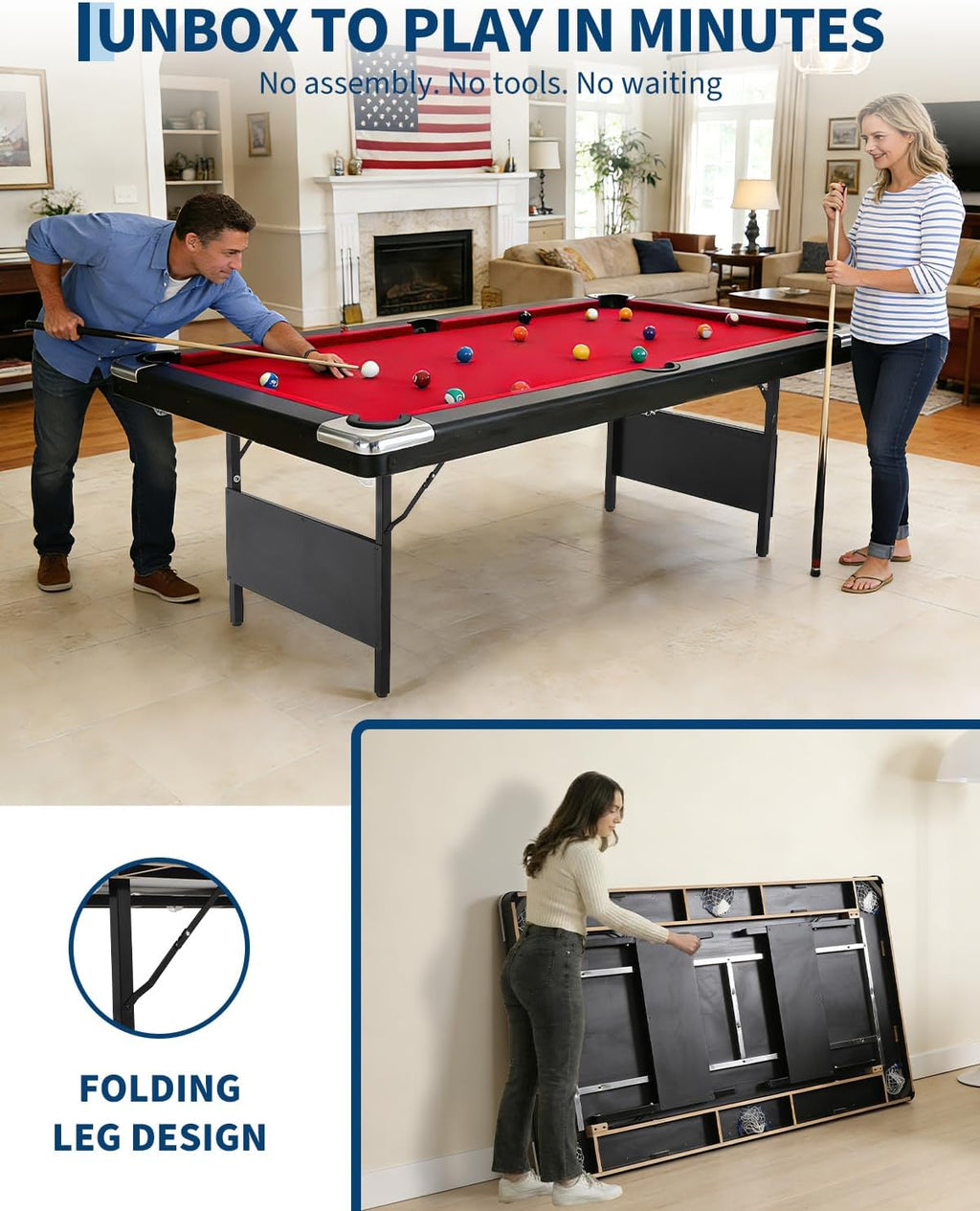 6,7 Foot Foldable Pool Table, Portable Billiards Table for Adults with Full Accessories Set, Mesa De Billar Includes 16 Balls, 2 Cue Sticks, Chalk, Rack & Brush, Game Room Table for Home