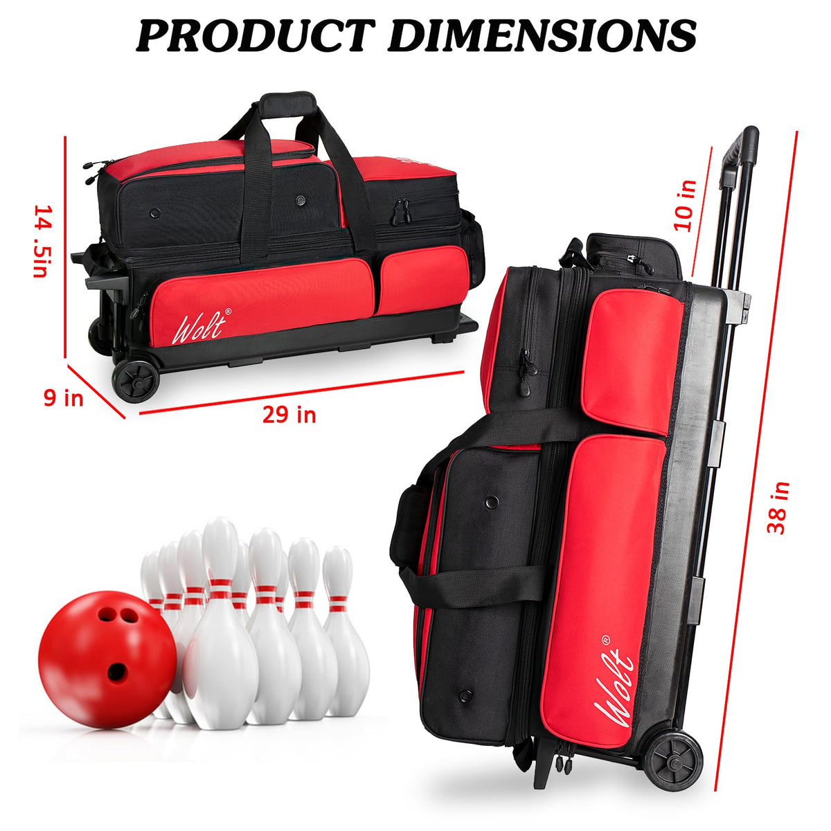 WOLT 3 Ball Bowling Bags with Wheels,Retractable Handle Extends to 38ââ
