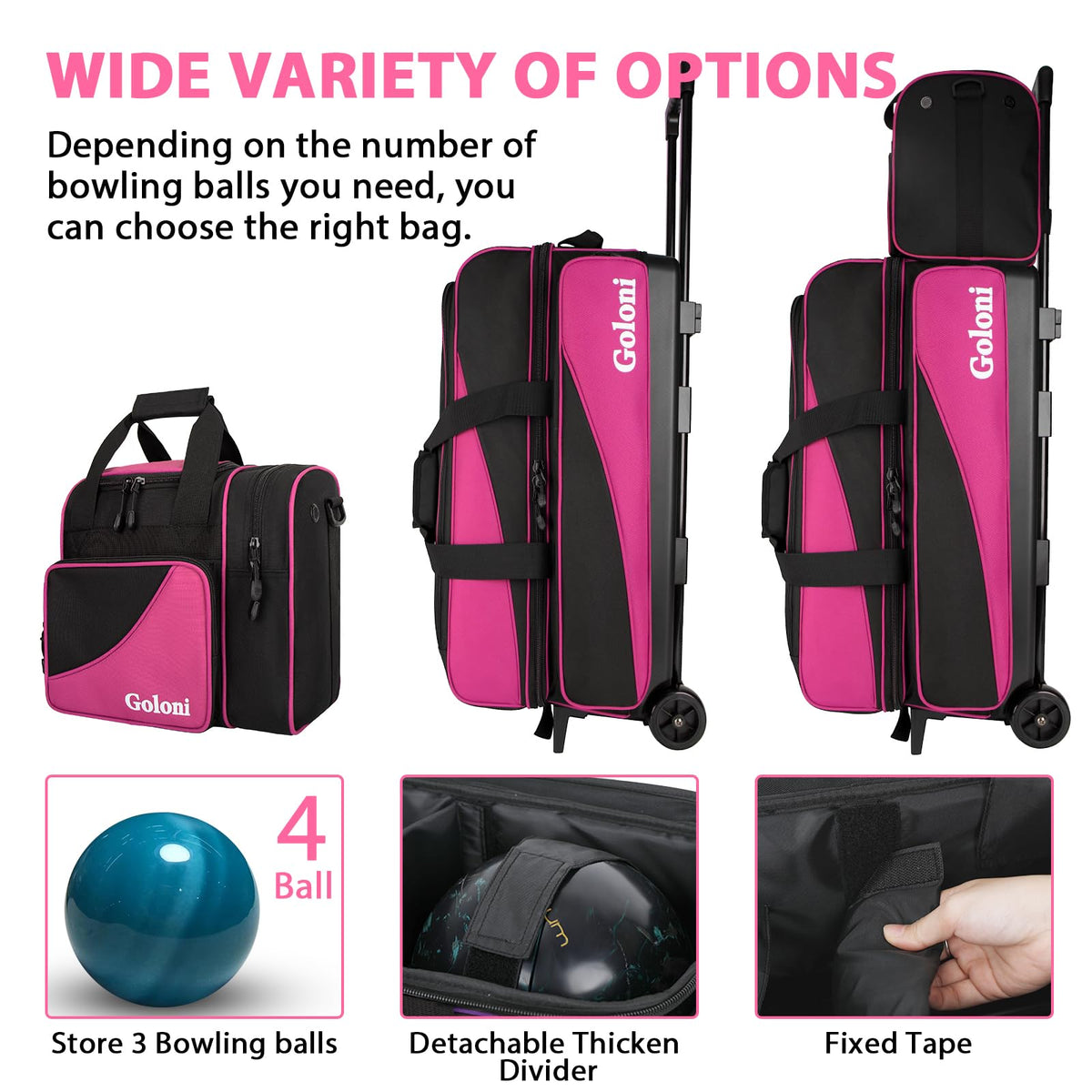 Goloni 3 Ball Bowling Bag with Wheels, Rolling Bowling Roller Bag with Retractable Handle for Balls & Bowling Accessories