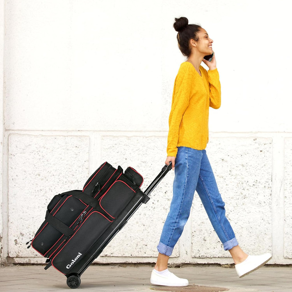 Goloni 3 Ball Bowling Bags with Wheels,Rolling Bowling Ball Bag for 3 Bowling Balls & Bowling Accessories -Retractable Handle Extends to 38"