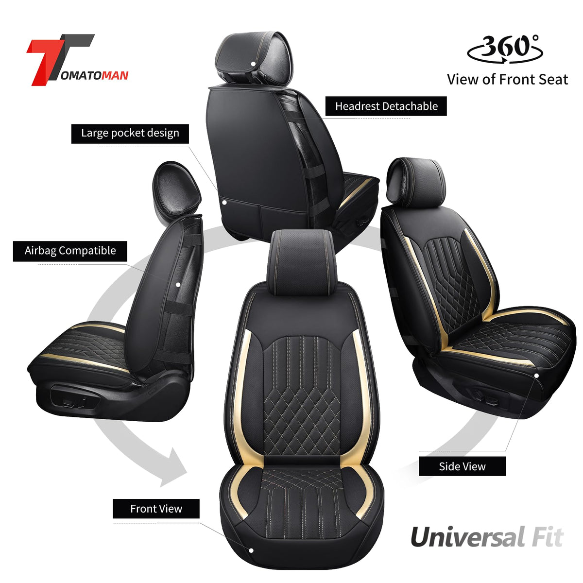 Tomatoman Car Seat Covers Compatible with Chevrolet Bolt EV EUV Faux Waterproof Leather Dustproof Safety Airbag Compatible(2PCS Front/Black Gold)