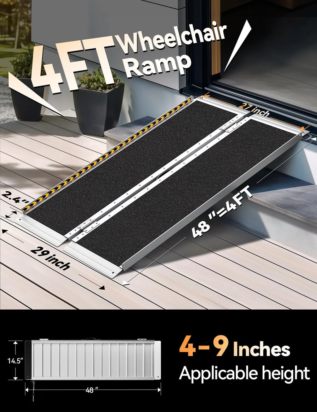 FACHNUO Black Aluminum 3FT Wheelchair Ramp, All-Weather Use, Easy to Clean