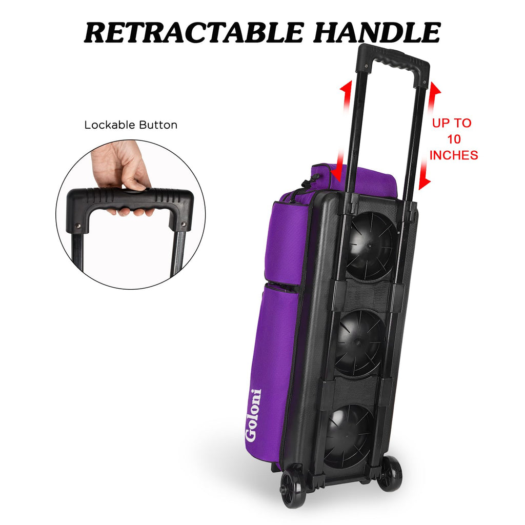 Goloni 3 Ball Bowling Bags with Wheels,Rolling Bowling Ball Bag for 3 Bowling Balls & Bowling Accessories -Retractable Handle Extends to 38"