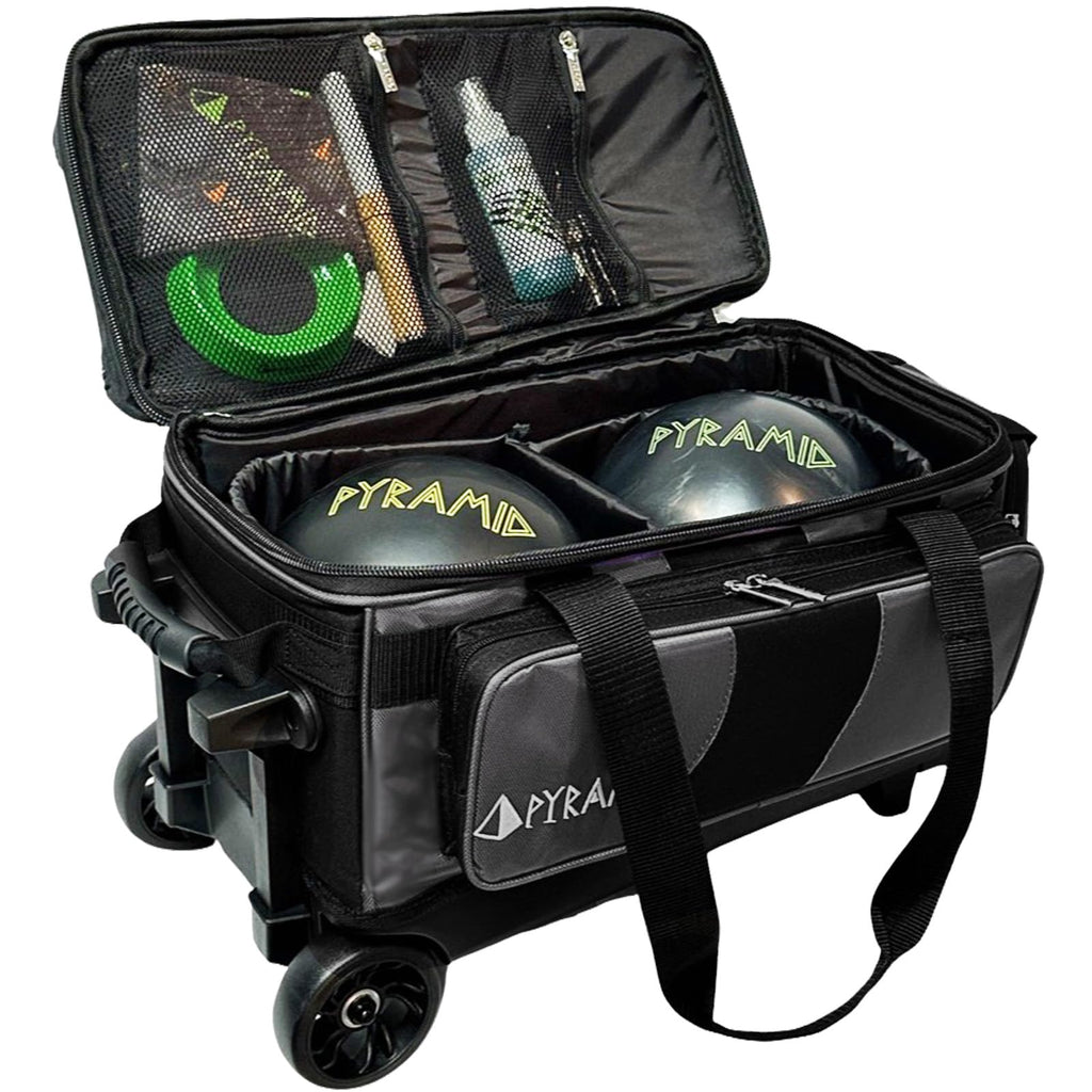 Pyramid Deluxe Double Roller 2 Ball Bowling Bag with Large Separate Shoe Compartment (Up To 2 Pairs Of Shoes) and Accessory Pockets, Sturdy Square Handle - Extends to 40" - Pro Options Available