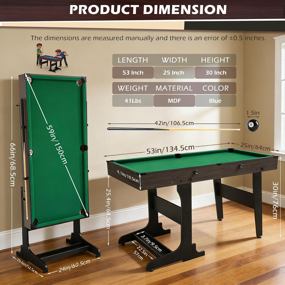 53 Inch Folding Pool Table with Built-in Ball Storage and Cue Clips, Freestanding Billiard Game Table Set for Family Game Room, Includes Cues, Balls, Chalk and Brush