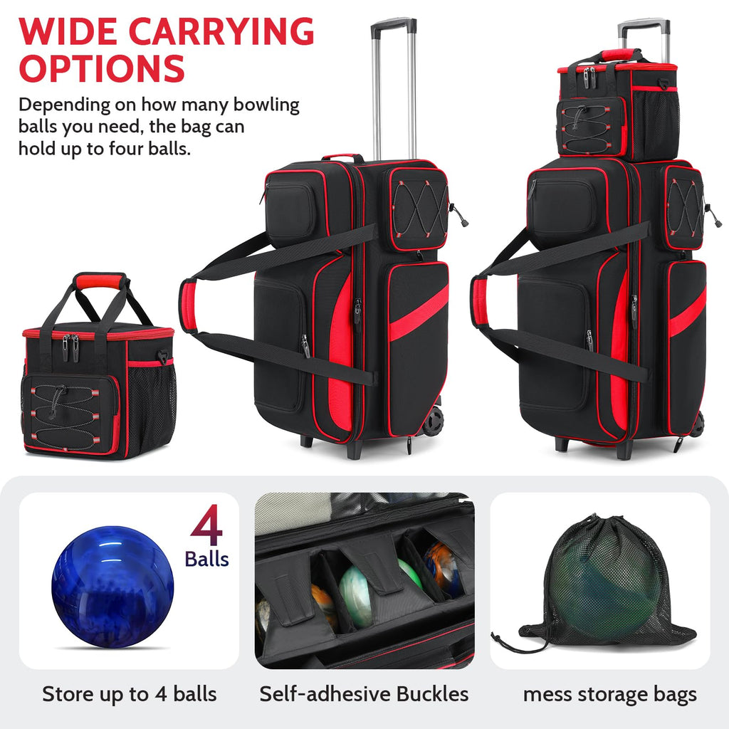 3-4 Ball Bowling Bag with Wheels, Bowling Roller with Add-on Tote Set