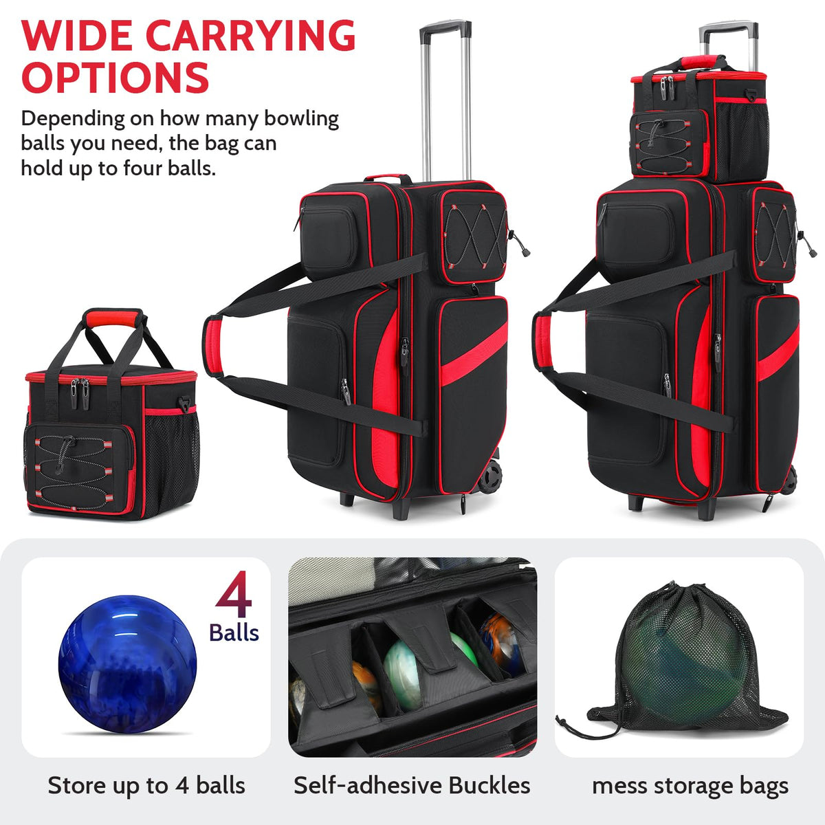 3-4 Ball Bowling Bag with Wheels, Bowling Roller with Add-on Tote Set
