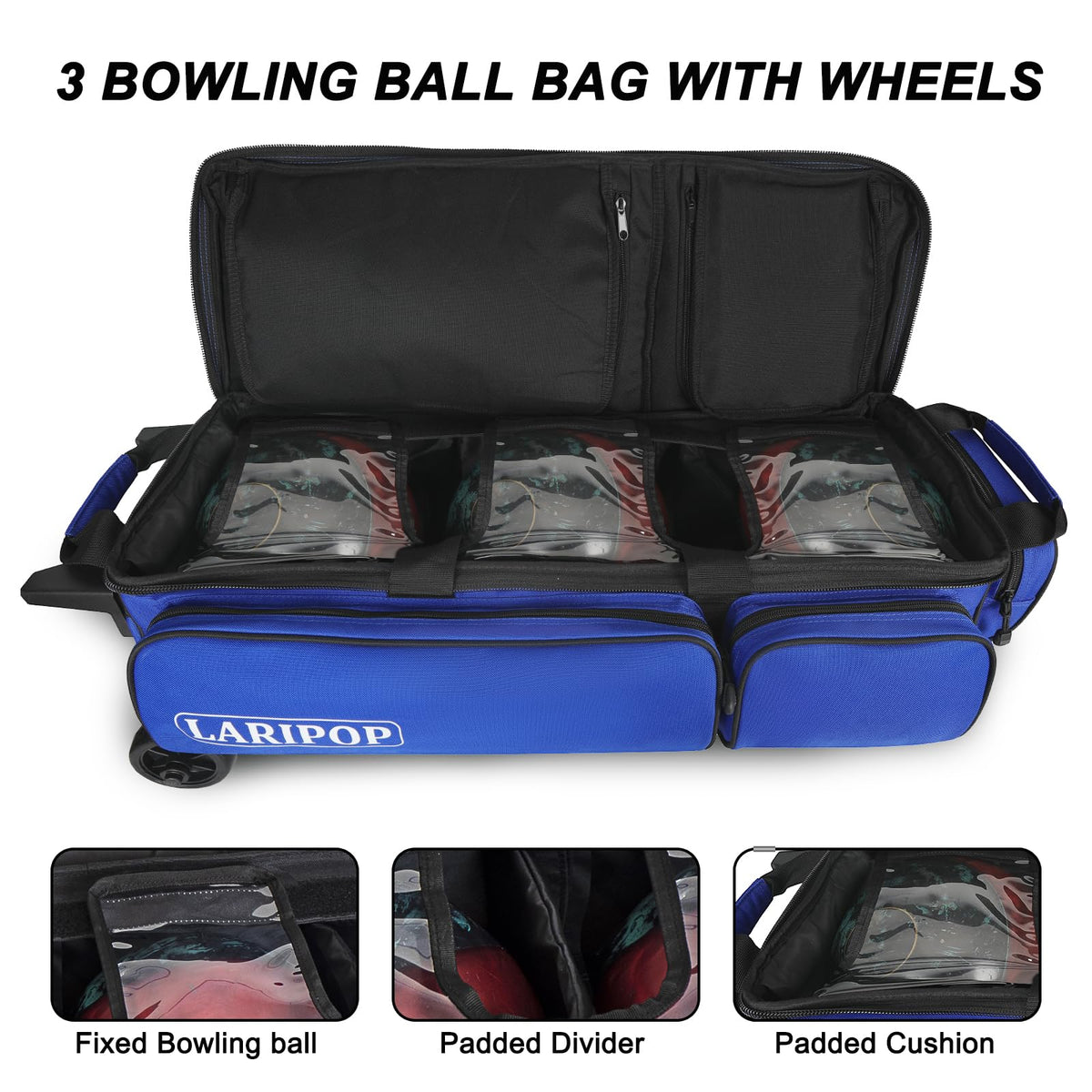 LARIPOP 3 Ball Bowling Bag with Wheels and Shoe Compartment, Rolling Bowling Bag for 3 Balls, Heavy Duty Bowling Roller Bag with Retractable Handle for Men Women