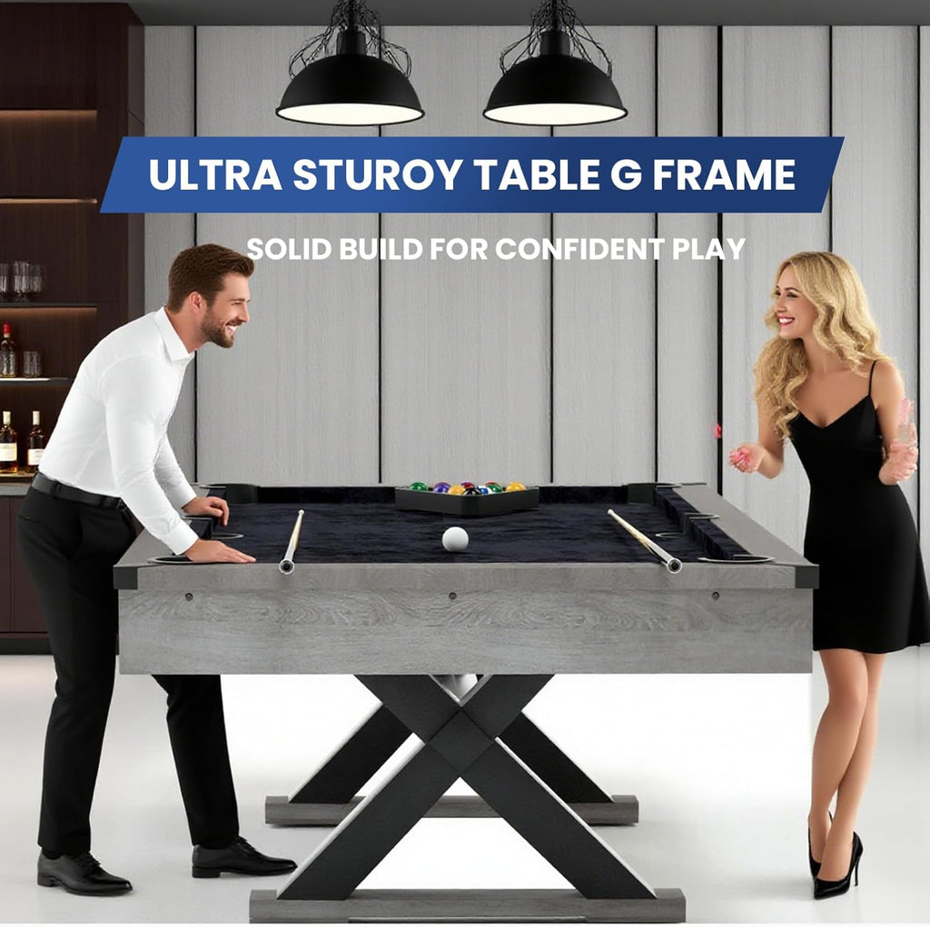 84" Rustic Grey Pool Table with X-Shaped Legs and Black Cloth â Includes Billiard Balls, Cues, and Accessories for Game Room & Home Entertainment (Grey Finish)