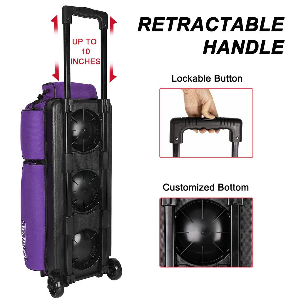 LARIPOP 3 Ball Bowling Bag with Wheels and Shoe Compartment, Rolling Bowling Bag for 3 Balls, Heavy Duty Bowling Roller Bag with Retractable Handle for Men Women