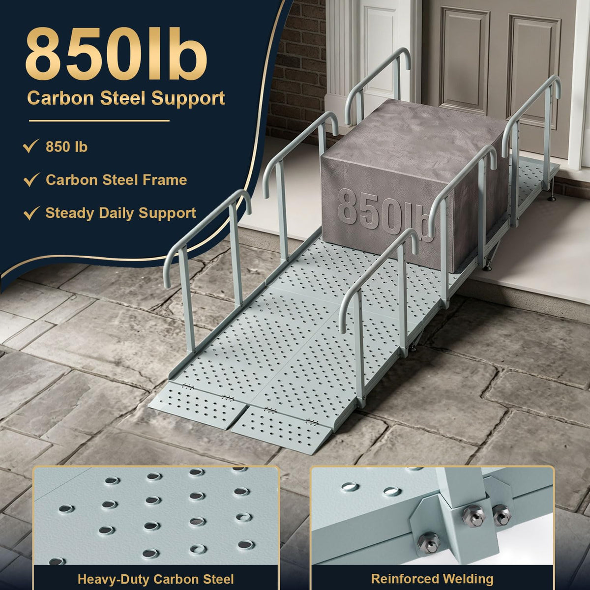 RDCMKL Wheelchair Ramp with Handrails, 3-10" Rise, Non-Slip, Carbon Steel