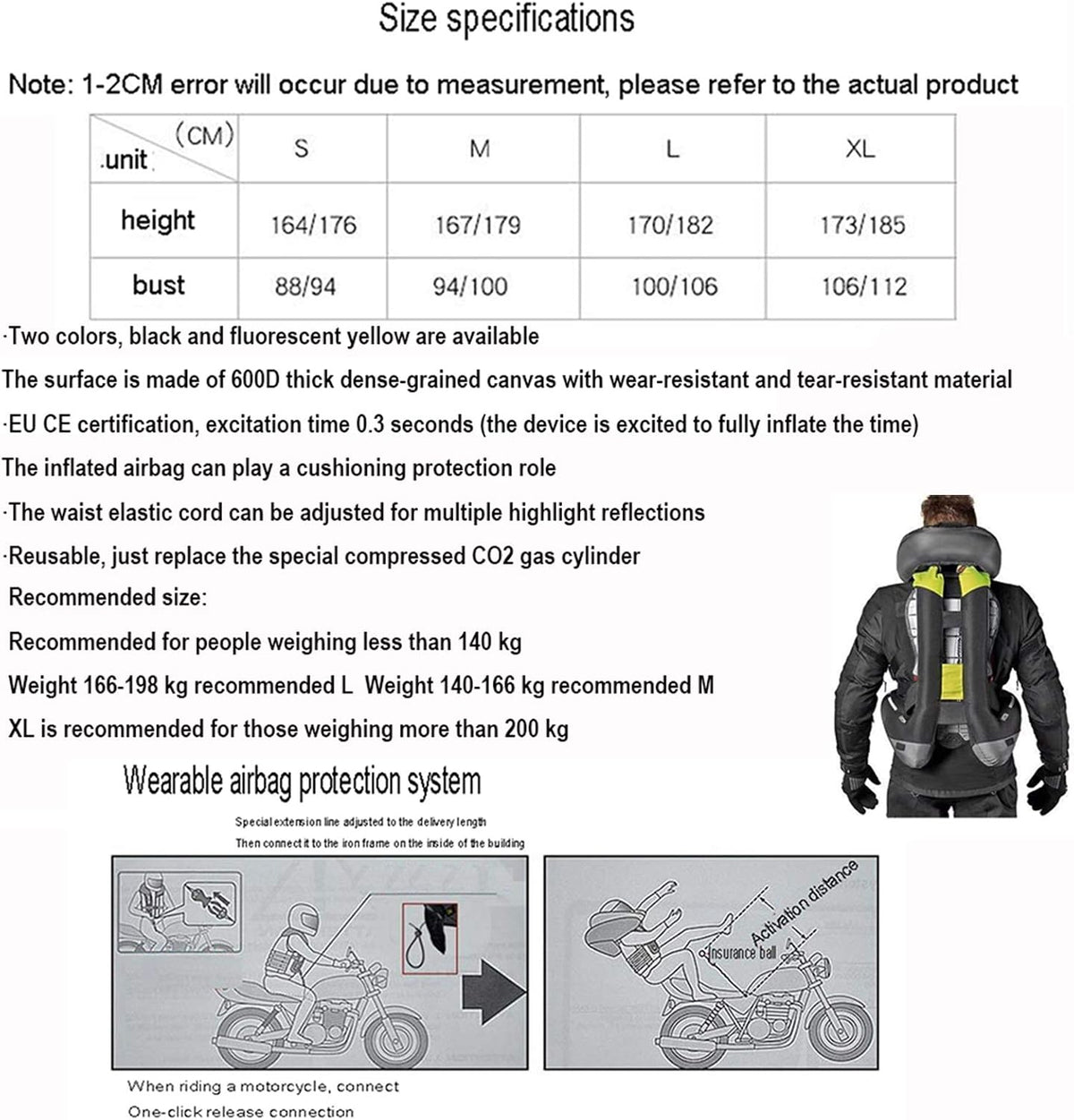 Riding Inflatable Anti-fall Vest Men's Motorcycle Cylinder Vest Trigger The Airbag In 0.2 Seconds To Protect Riding Safety Abrasion-resistant And Tear-soft, Easy To Clean (Without CO2 Cylinder)