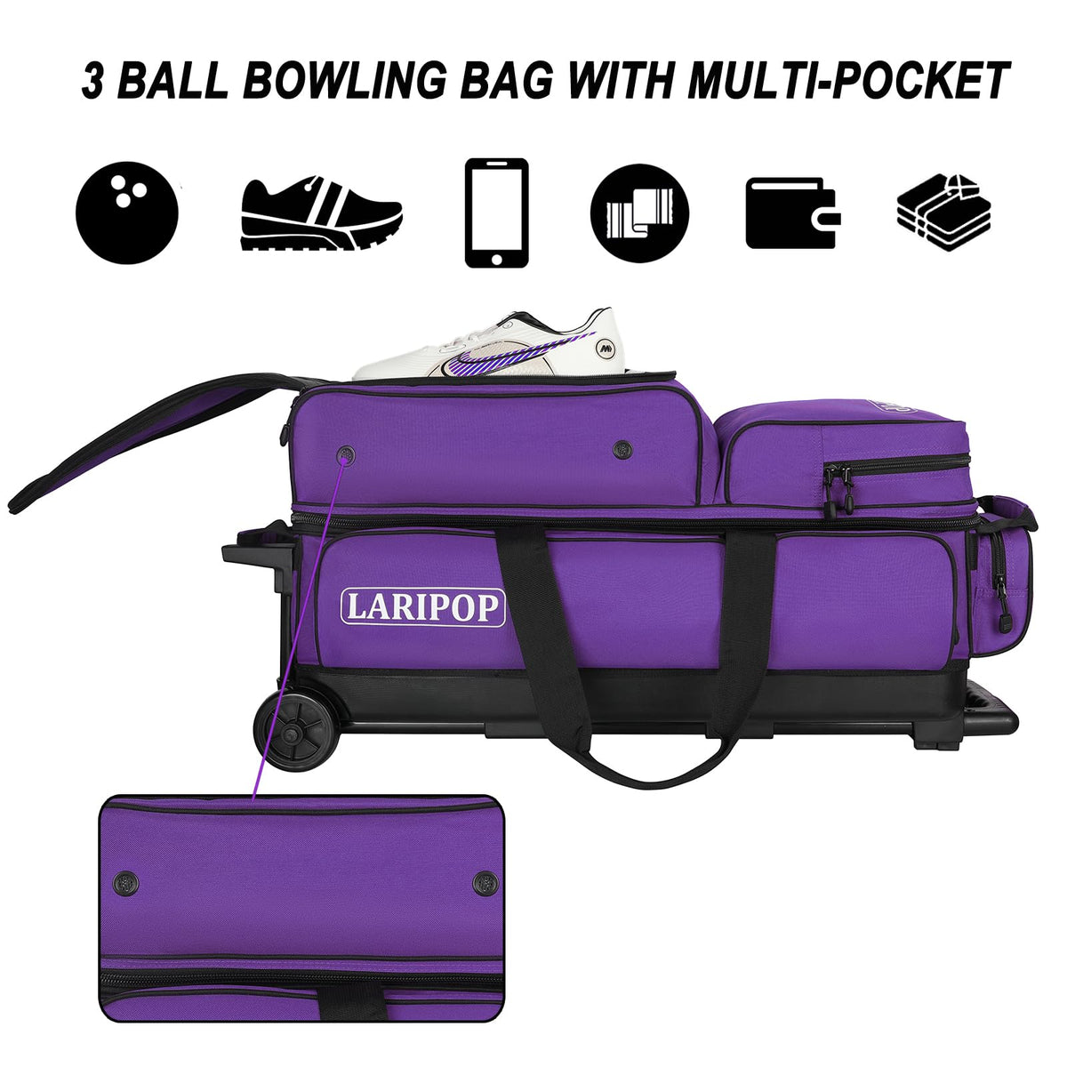LARIPOP 3 Ball Bowling Bag with Wheels and Shoe Compartment, Rolling Bowling Bag for 3 Balls, Heavy Duty Bowling Roller Bag with Retractable Handle for Men Women