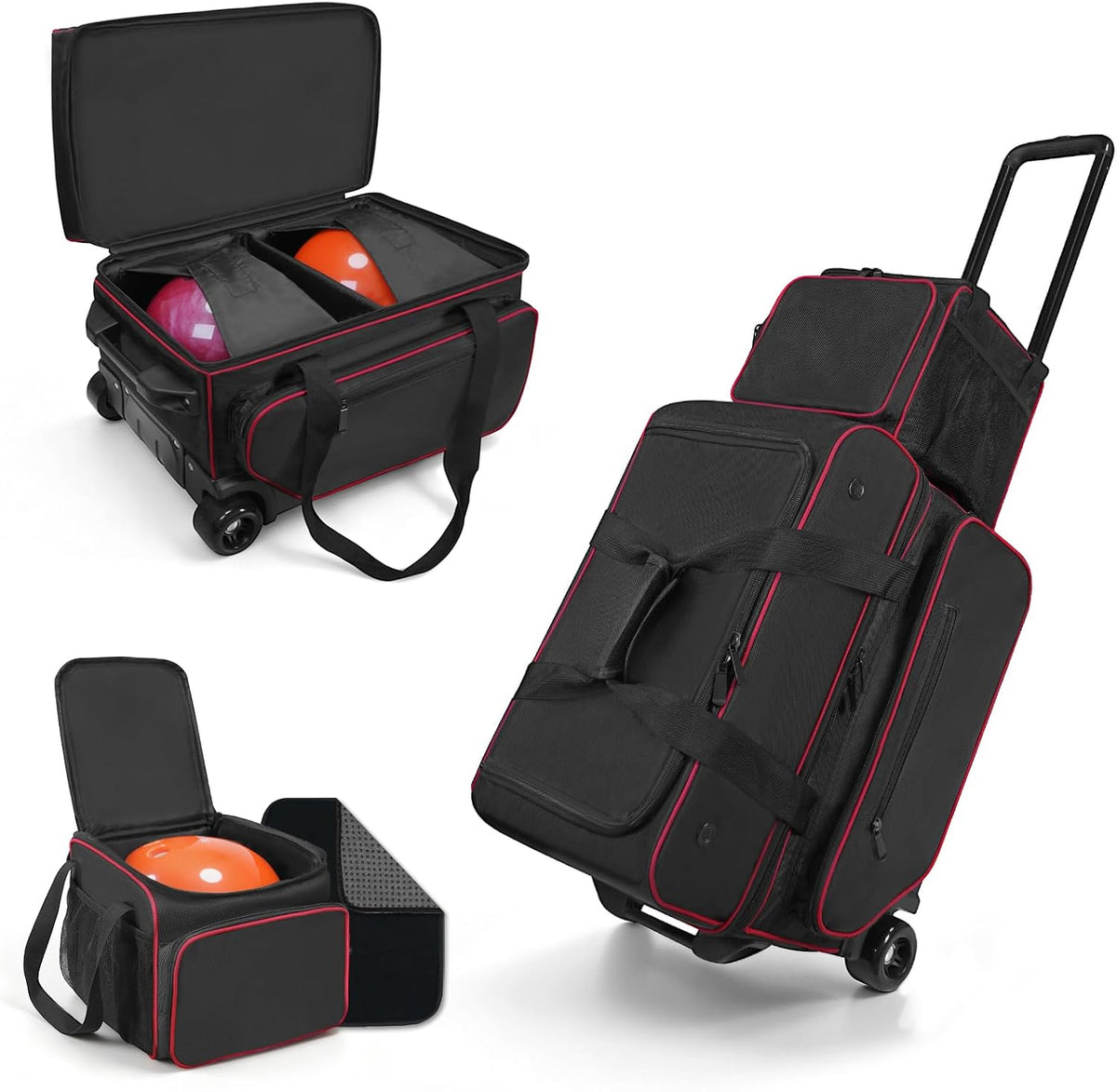 3 Ball Bowling Bag with Wheels,Bowling Bag 2 Ball Roller +1 Ball Tote,Large Sturdy Wheels,Dry & Wet Separation Shoe Compartment,1680D Waterproof Oxford,Retractable Handle,Includes Bowling Ball Towel