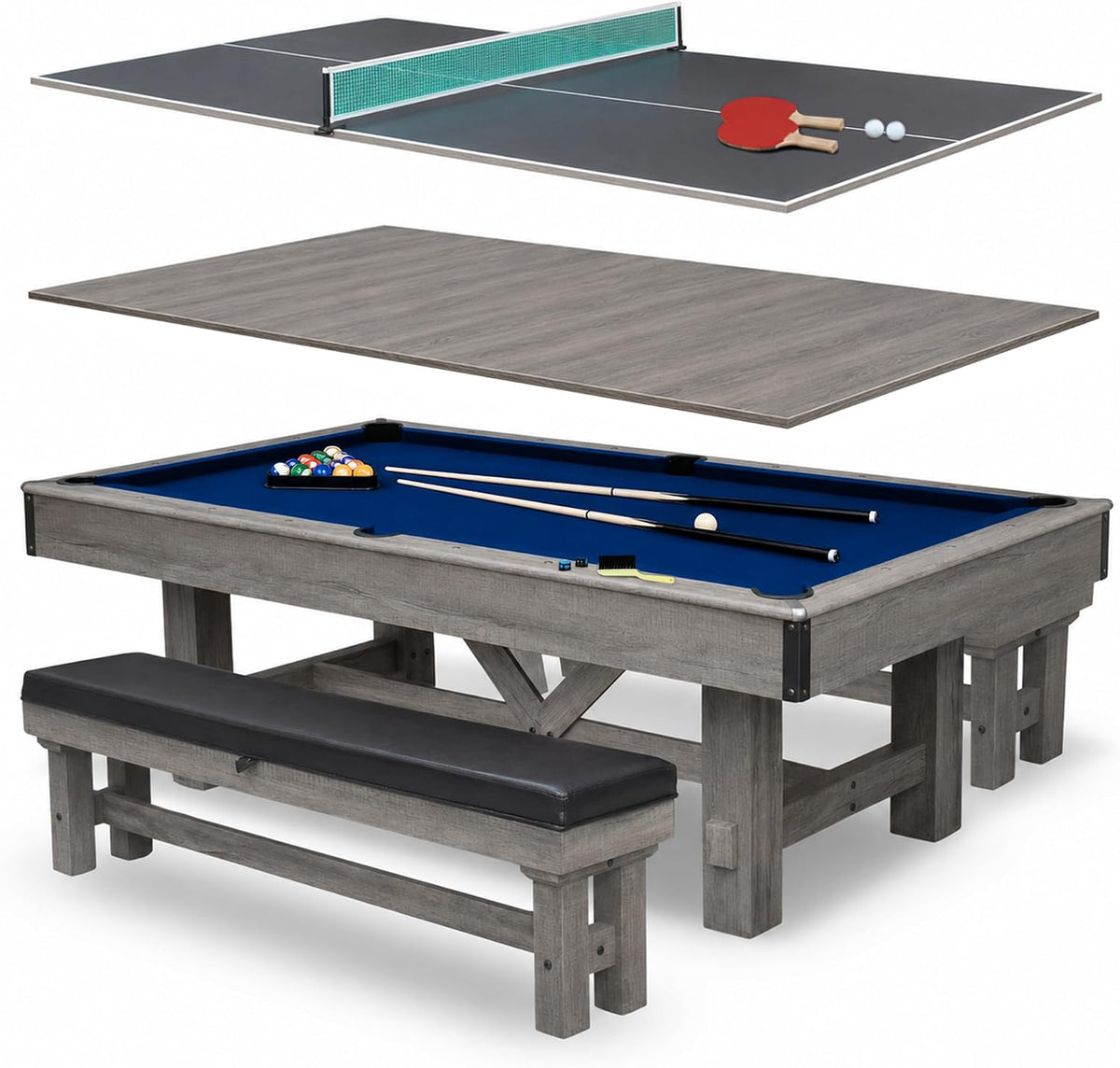 Hathaway Logan 7-ft Pool Table Combo Set with Benches - Rustic Gray with Blue Felt, Barnwood